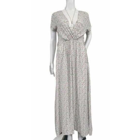 Made In Italy Short Sleeve Floral Print V Neck Maxi Dress White Pink Women's L - Picture 2 of 13